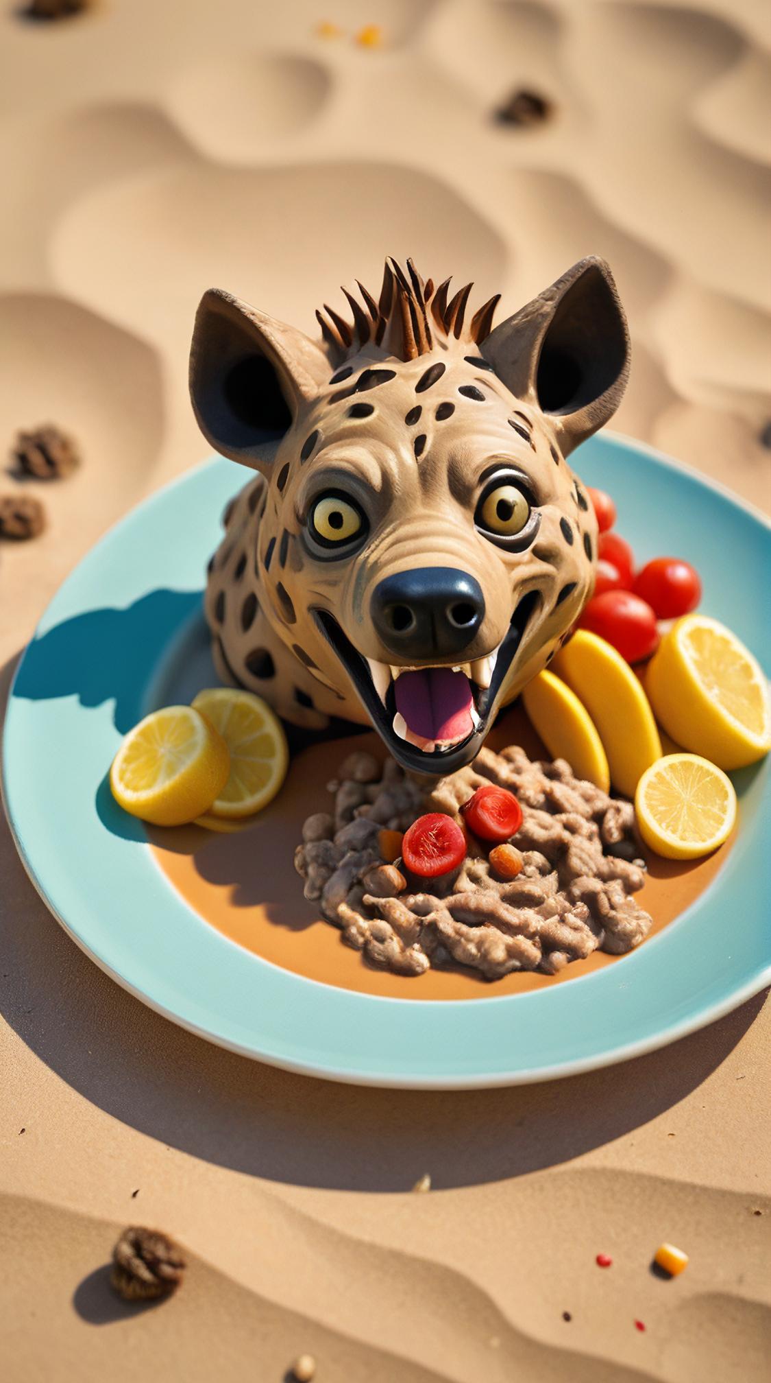 a plate of food in the shape of a Hyena, beach and Hazel background, Indirect light, Autochrome