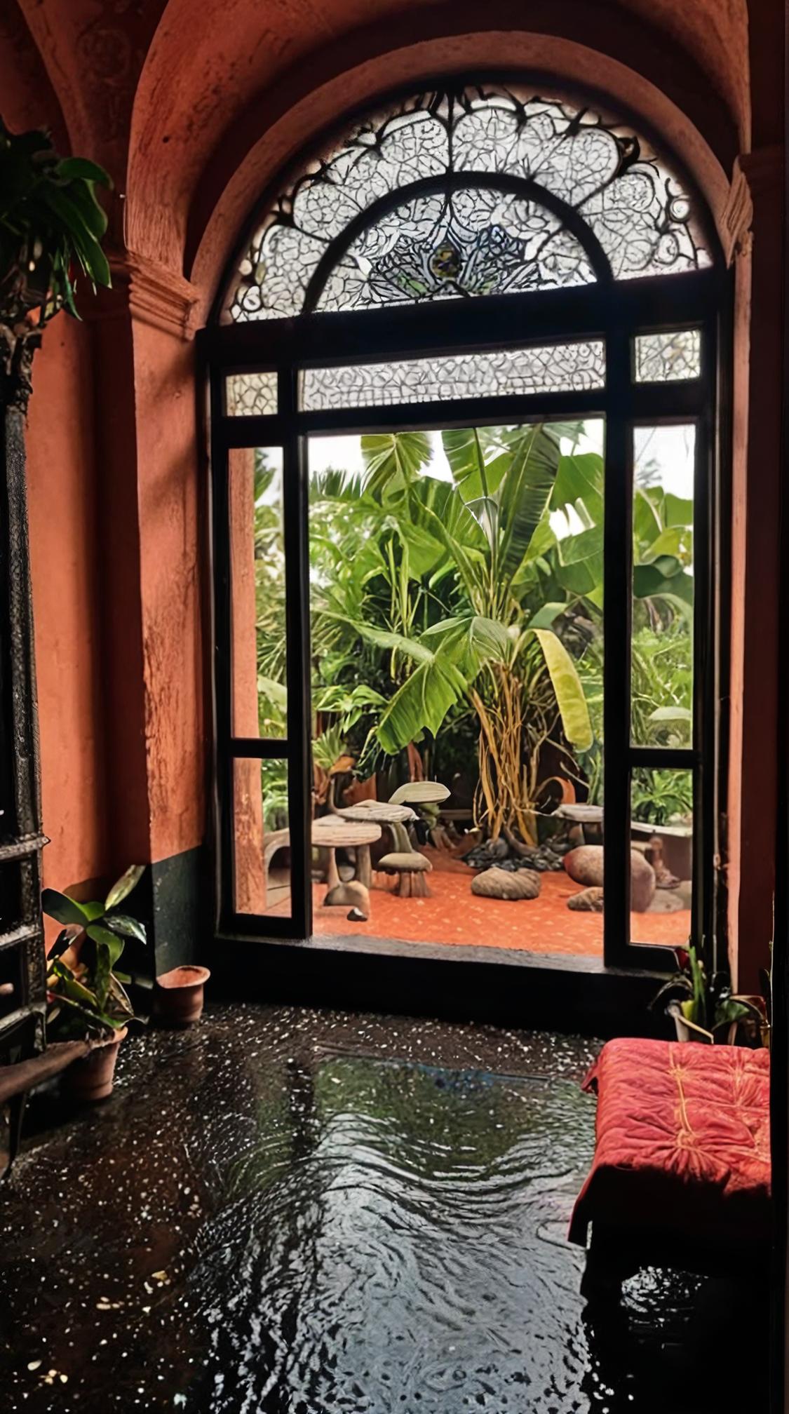 photograph, hyper detailed, landscape of a Wonder Pondicherry from inside of a Fairy godmother s cottage, lava pit