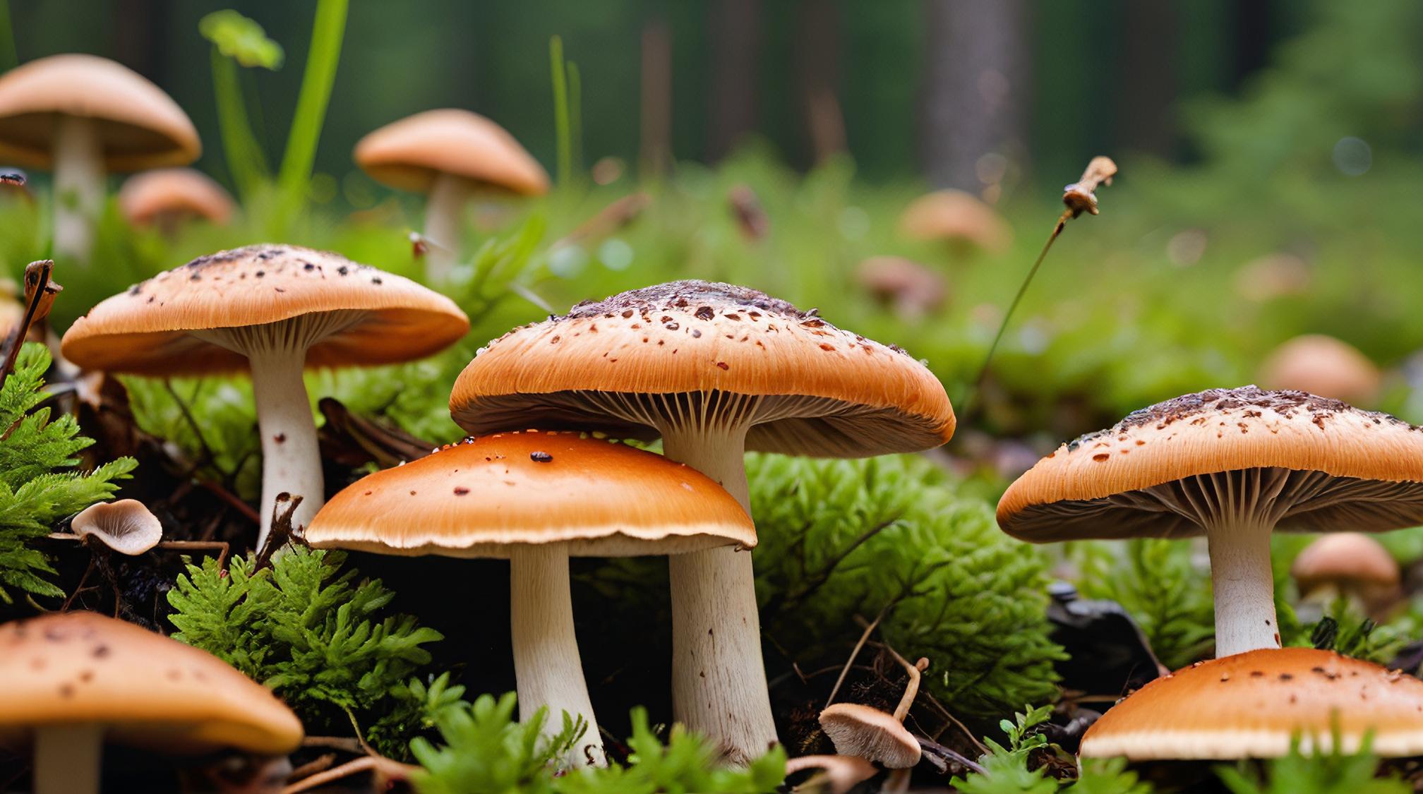 landscape art by Agnes Martin , nature art, medium close up shot of a mundane Wild mushroom patch, covered in Insects