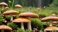 landscape art by Agnes Martin , nature art, medium close up shot of a mundane Wild mushroom patch, covered in Insects