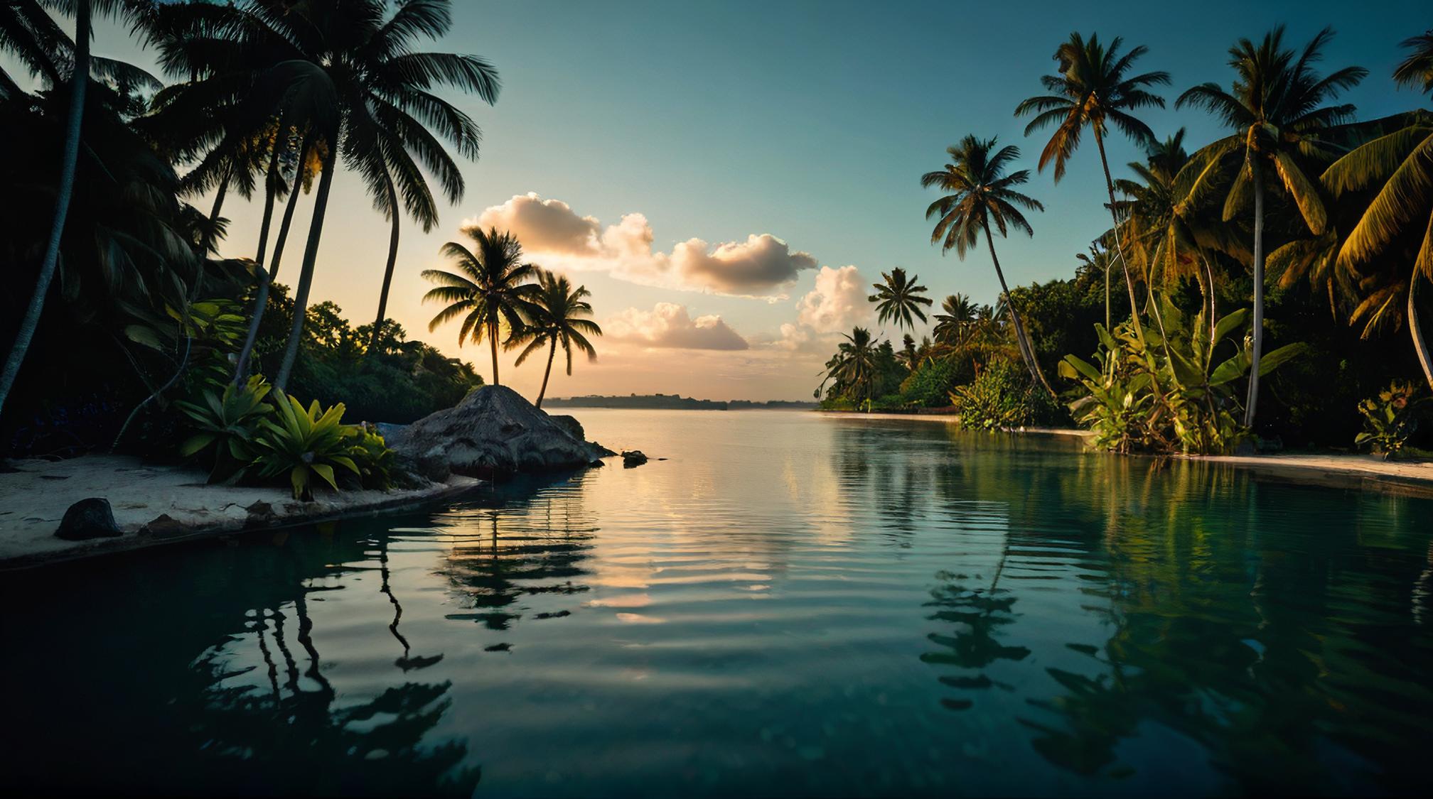 landscape of a Alluring Lagoon, Movie still, dramatic lighting, emotive