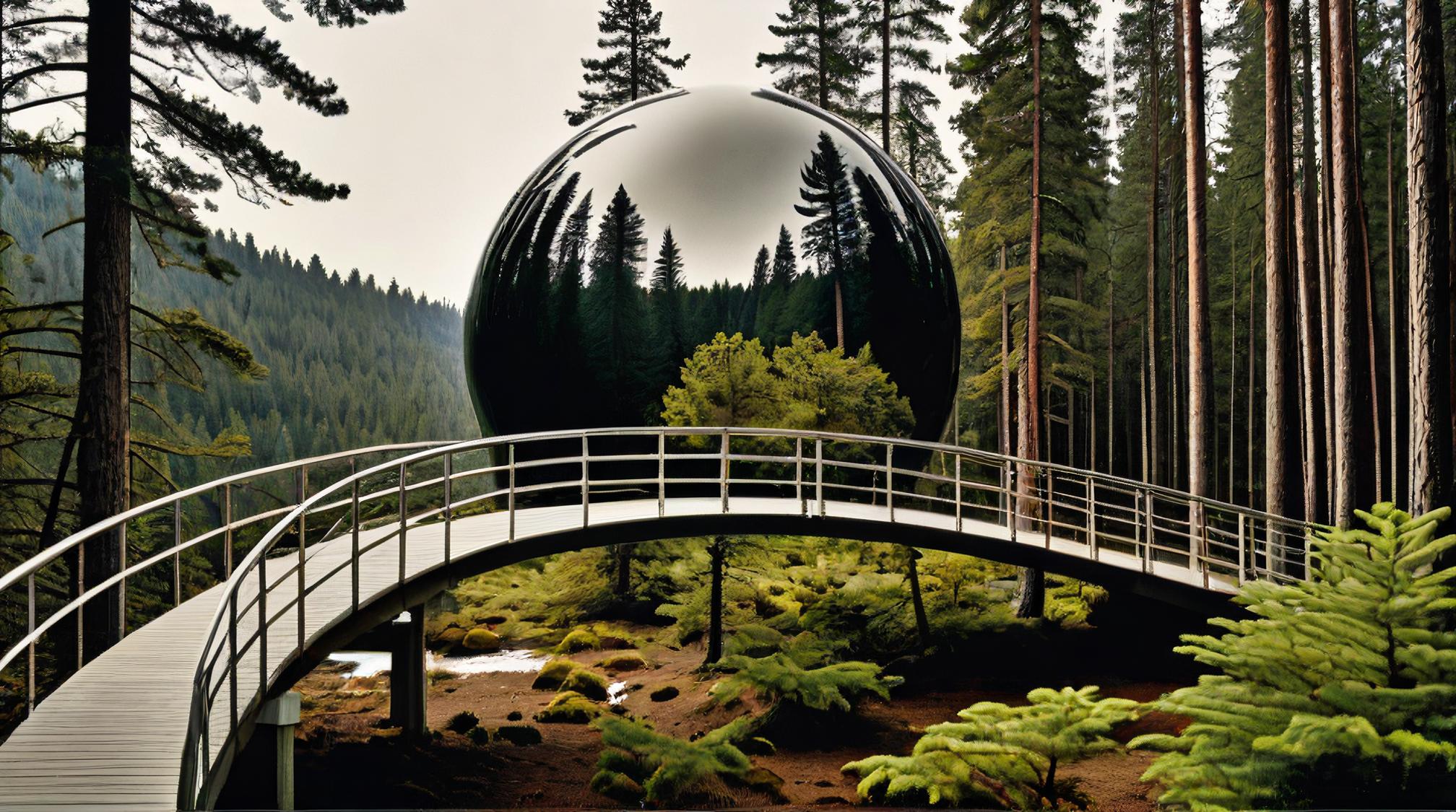 art by Irving Penn, landscape of a flawless Coniferous Forest , Rule of Thirds, Pedestrian bridge in background