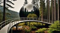 art by Irving Penn, landscape of a flawless Coniferous Forest , Rule of Thirds, Pedestrian bridge in background