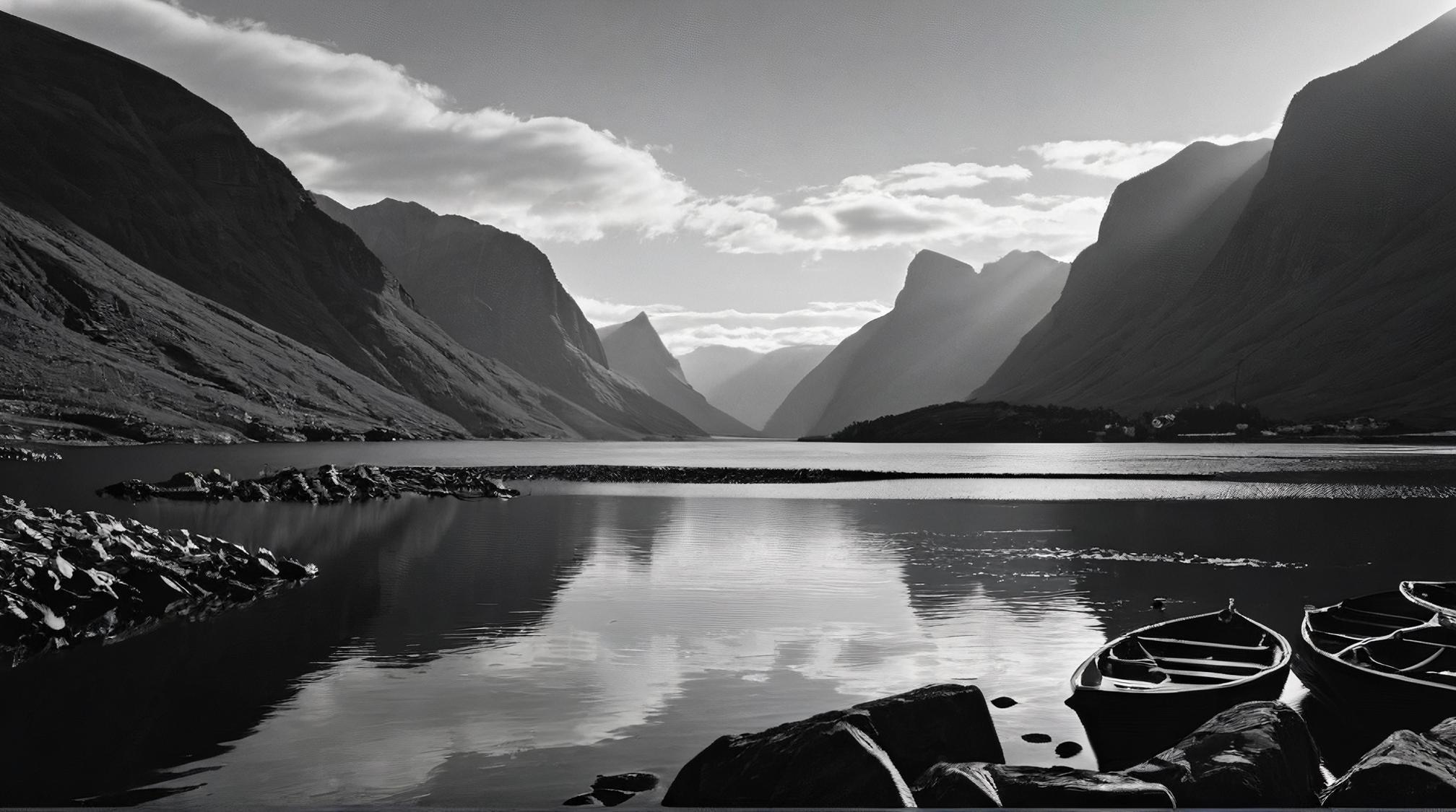 by Vivian Maier, landscape of a Fjord, octane engine, gritty