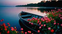 photograph, medium wide shot of a The Boat , flowers, at Dusk