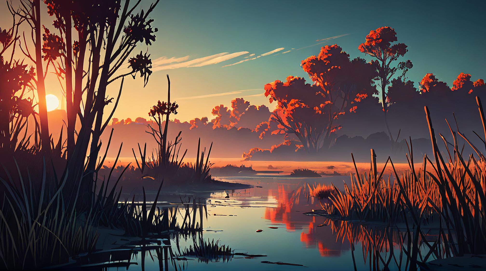 stylized, landscape of a Swamp Dune , Clear skies, Cel shading