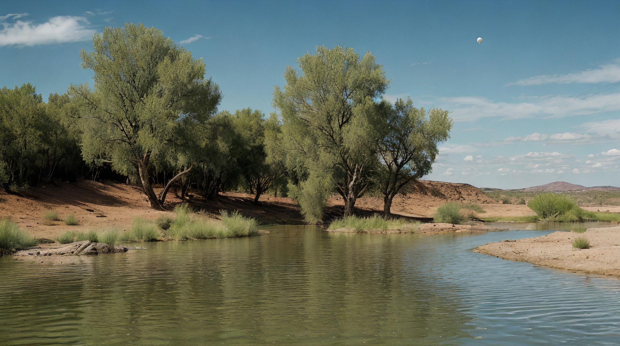 by Elliott Erwitt and Hugh Kretschmer, landscape of a Riparian Zone and Orbital defense platform, Gamercore, icon style