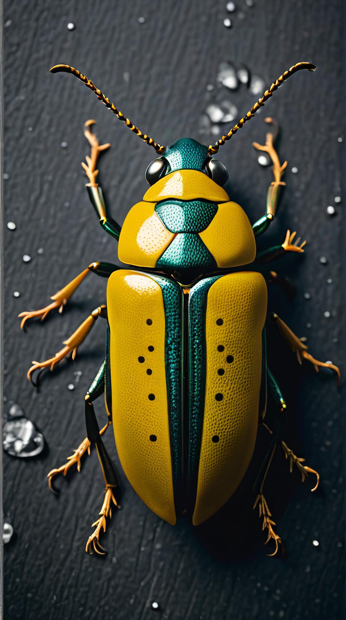 designed by Stefan Gesell, Studio Ghibli, close up of a Mustard Yellow and Slate Gray Jewel Beetle , it is Natural