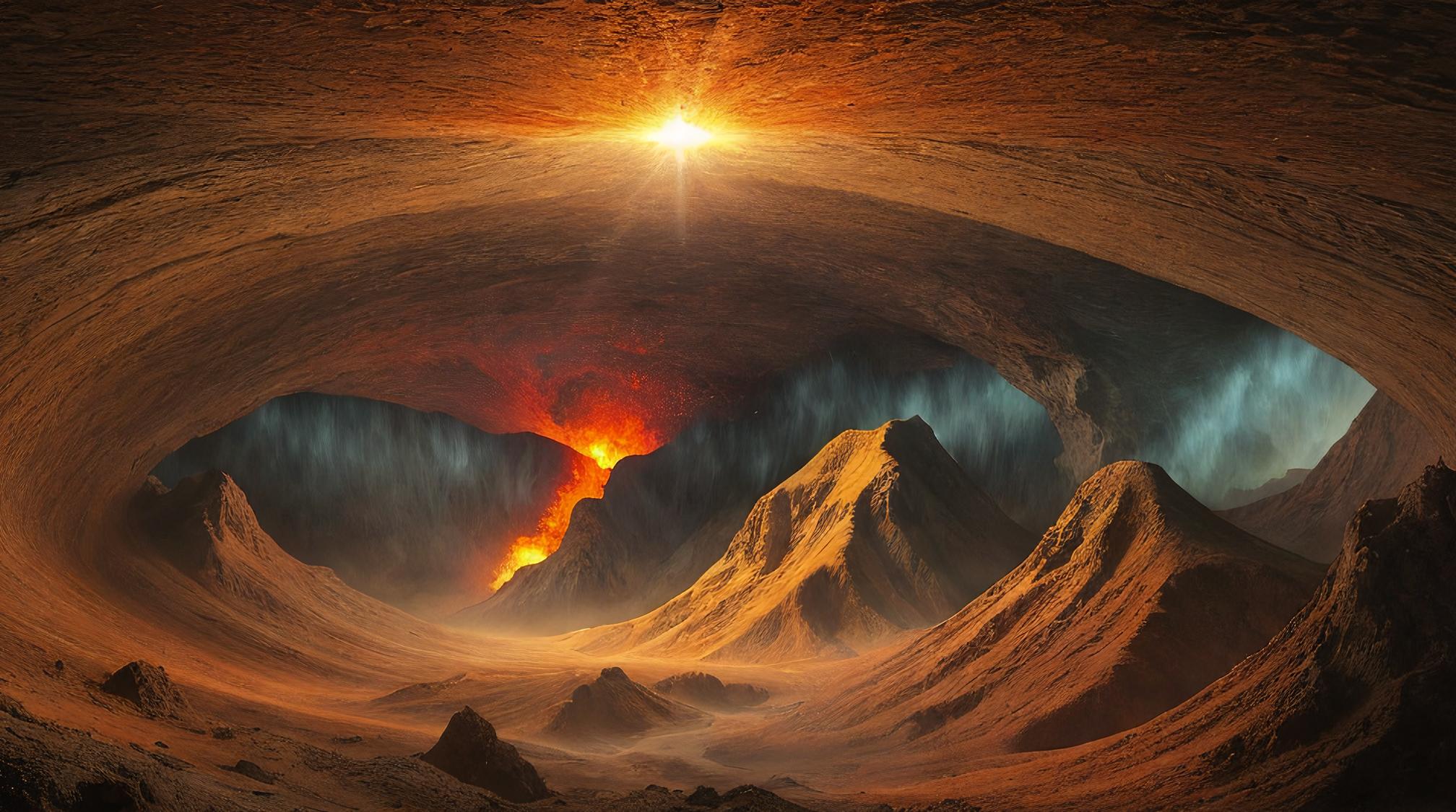 by J M W Turner, landscape of a Volcanic Crater and Underground bunker, surrealism, realism