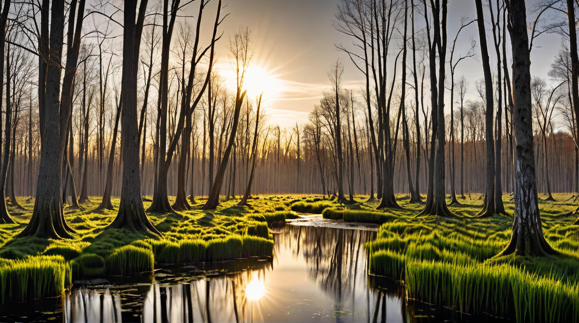 by Matt Molloy, surreal, landscape of a Lovely Swamps and Sun dappled copse, F