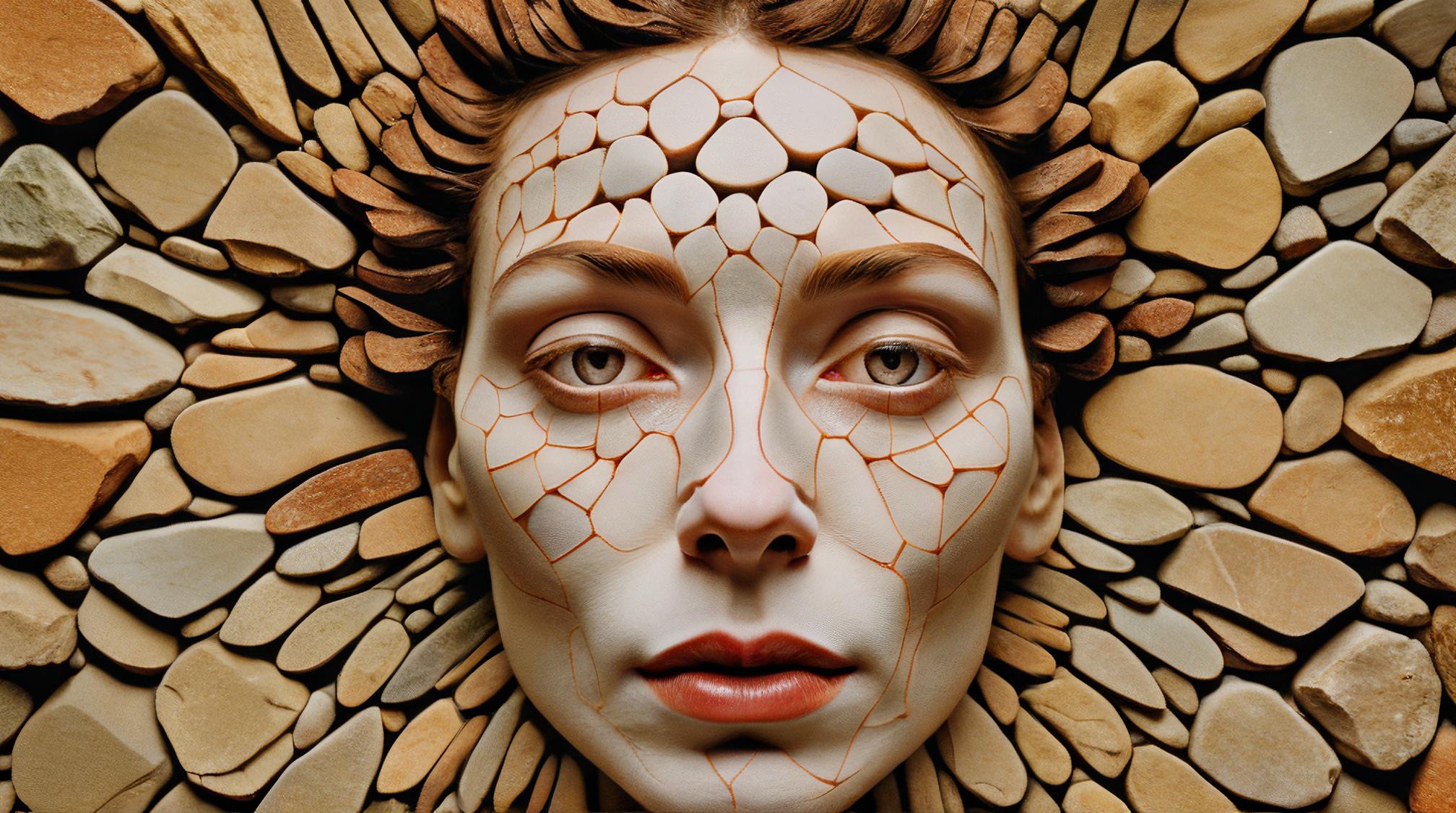 stylized by Gustav Klimt and Egon Schiele , photograph, Stone The Face of Infinity , Surrealism Art