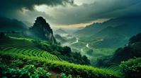 photograph, hyper detailed, landscape of a Oppressive Misty Hollow and China, Stormy weather