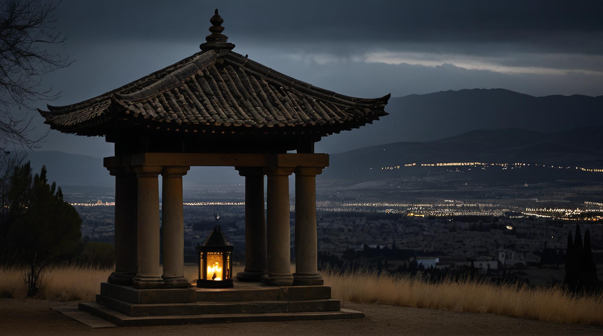 stylized by Chris Friel and Akira Kurosawa , photograph, landscape of an exquisite epic Hermaeus Mora s Shrine, Granada in background