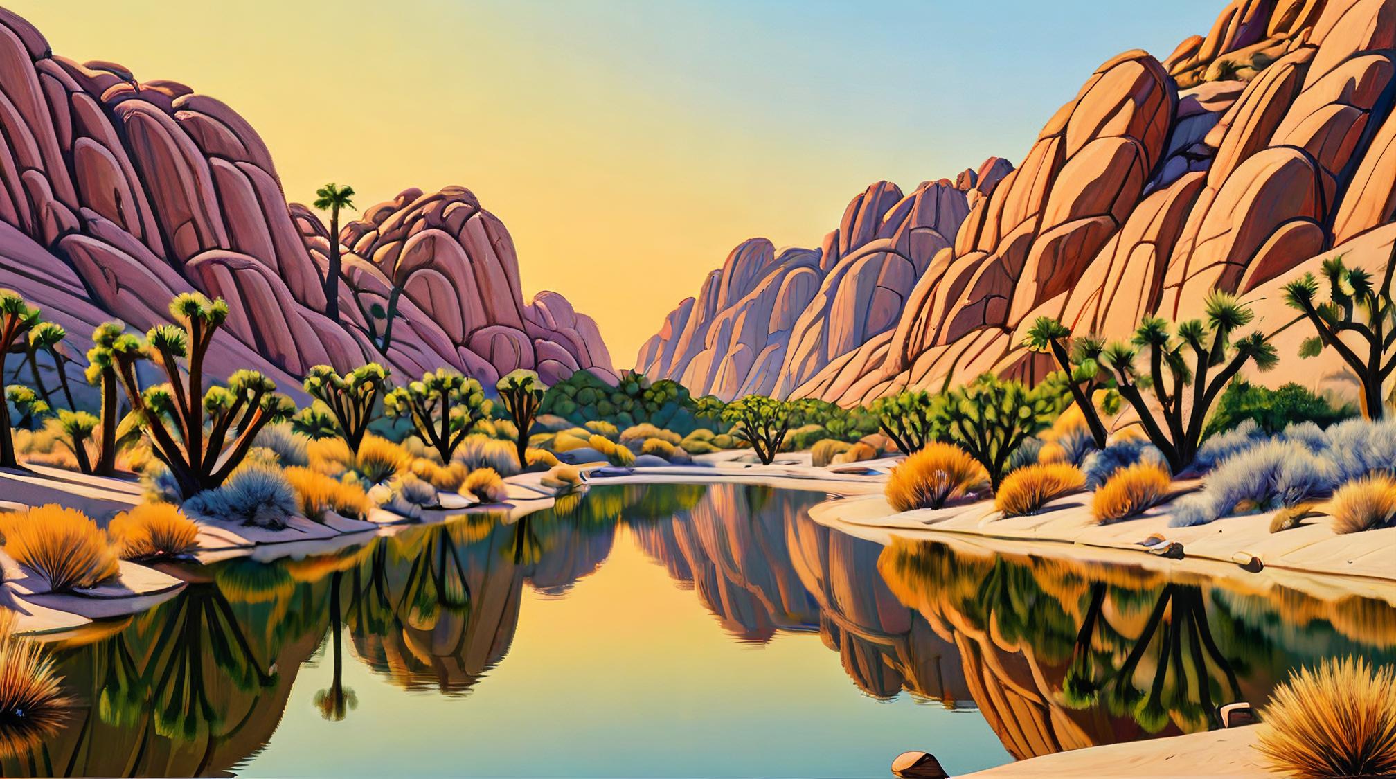 art by Petrina Hicks , landscape of a S Woodland and Shrubland and Tranquil lake, inside of a Joshua Tree National Park, Smoky Conditions