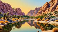 art by Petrina Hicks , landscape of a S Woodland and Shrubland and Tranquil lake, inside of a Joshua Tree National Park, Smoky Conditions