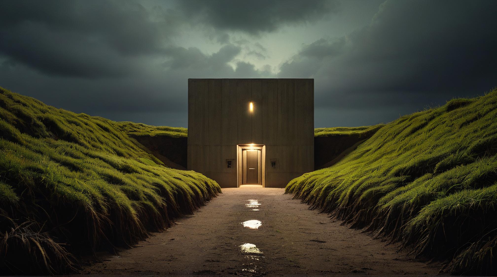 landscape of a glamourous alluring Moorland Mangrove and Underground bunker, by Sacha Goldberger , Serene, side light