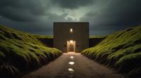 landscape of a glamourous alluring Moorland Mangrove and Underground bunker, by Sacha Goldberger , Serene, side light