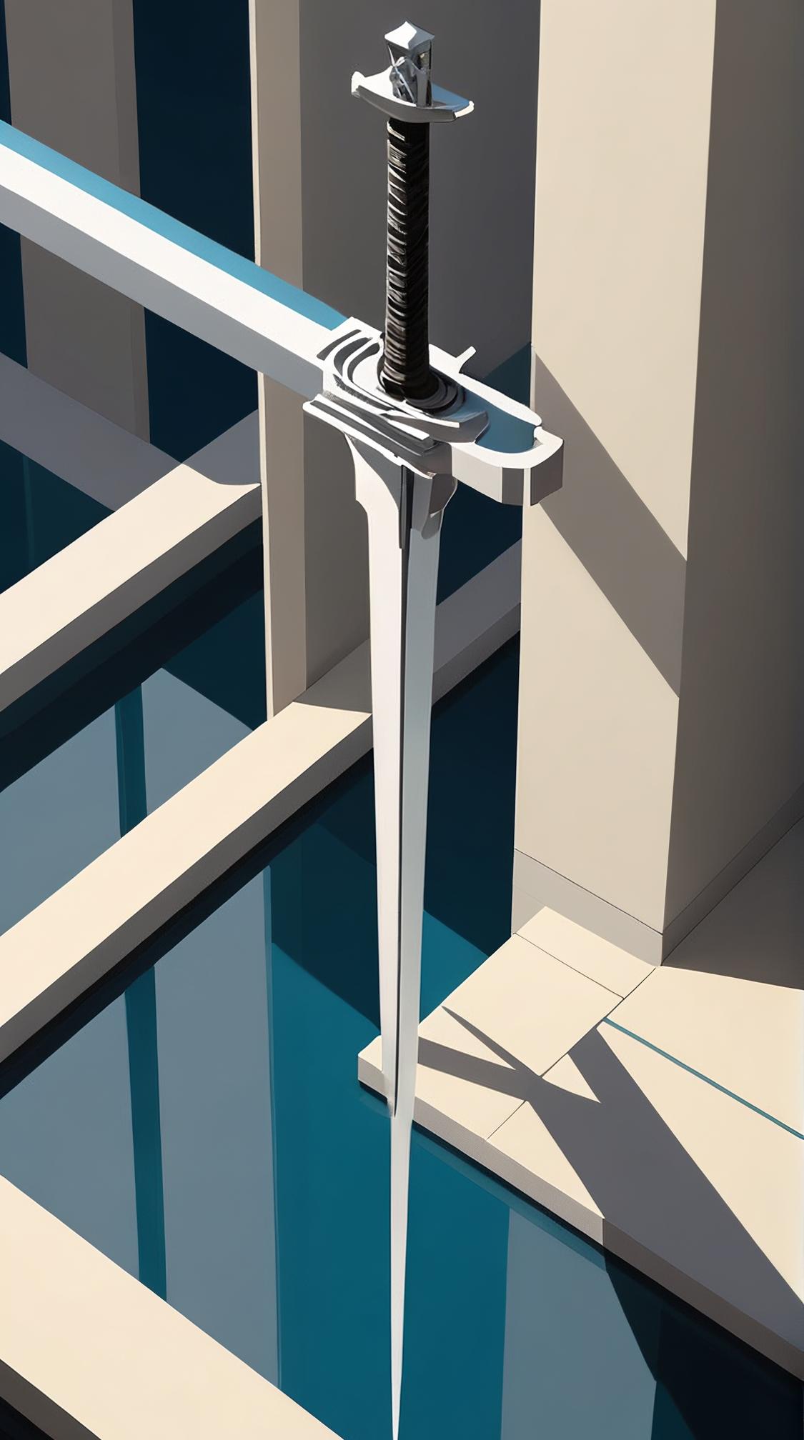 architecture art by Paul Catherall , Concept art, elegant, angle from above of a Futuristic Sword