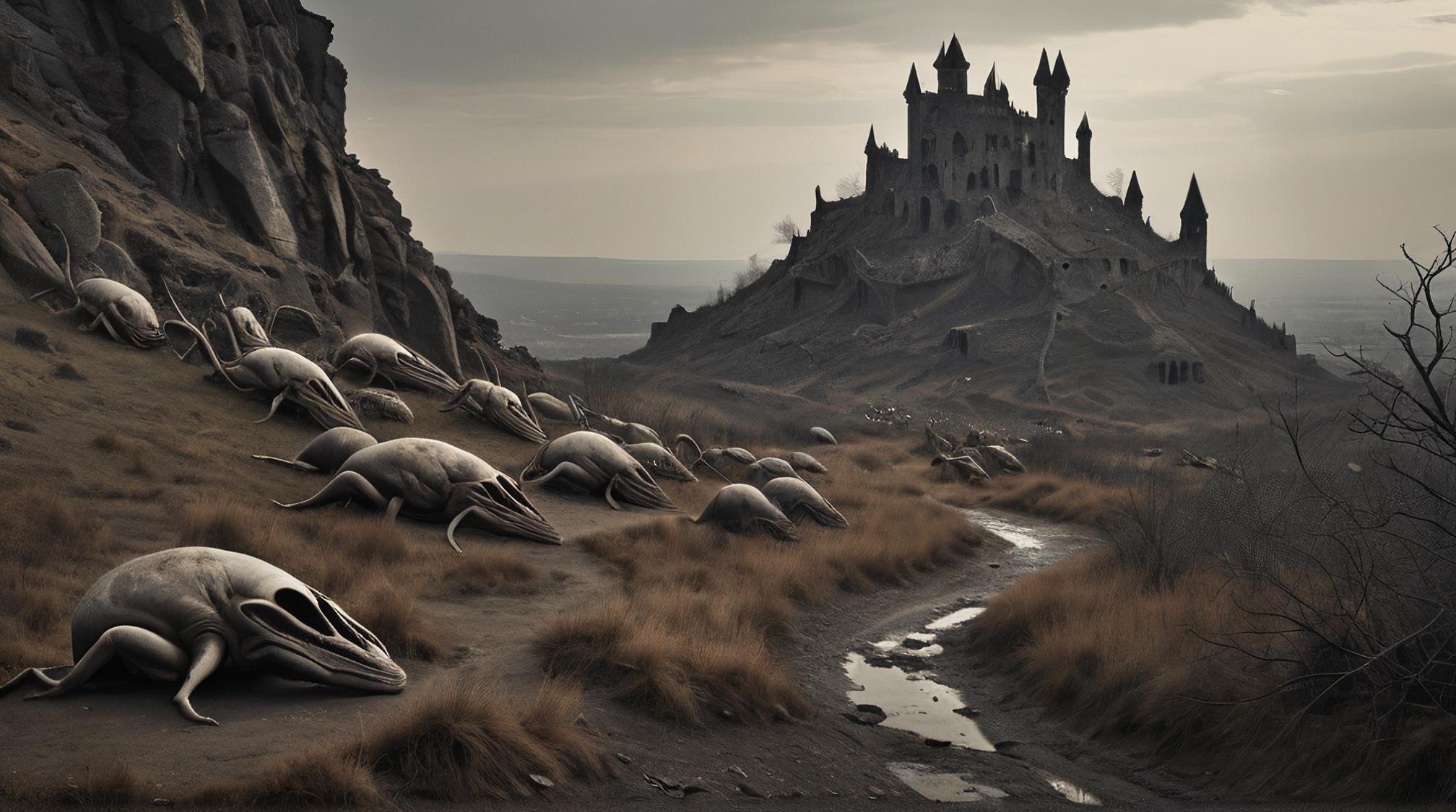 photograph, landscape of a Ruined Alien Refugee Camp and Castle on a hill, art by Ruth Bernhard, animal inspired