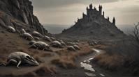 photograph, landscape of a Ruined Alien Refugee Camp and Castle on a hill, art by Ruth Bernhard, animal inspired