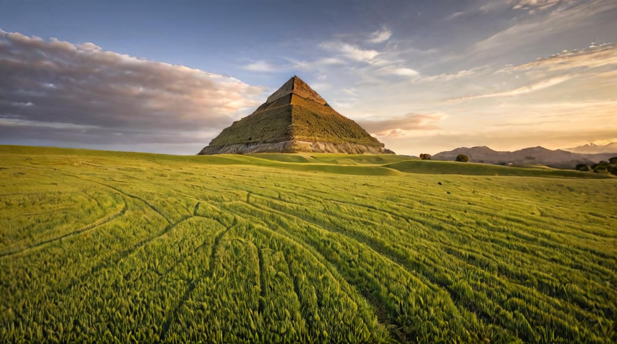 landscape of a pleasant Grassland and Dominican Pyramid, at Golden hour, short lighting, by Michael Shainblum