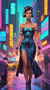 Vector Art, Kindhearted Man , the Man is dressed in Cyberpunk Art fashion style Strapless dress, dynamic Headphones
