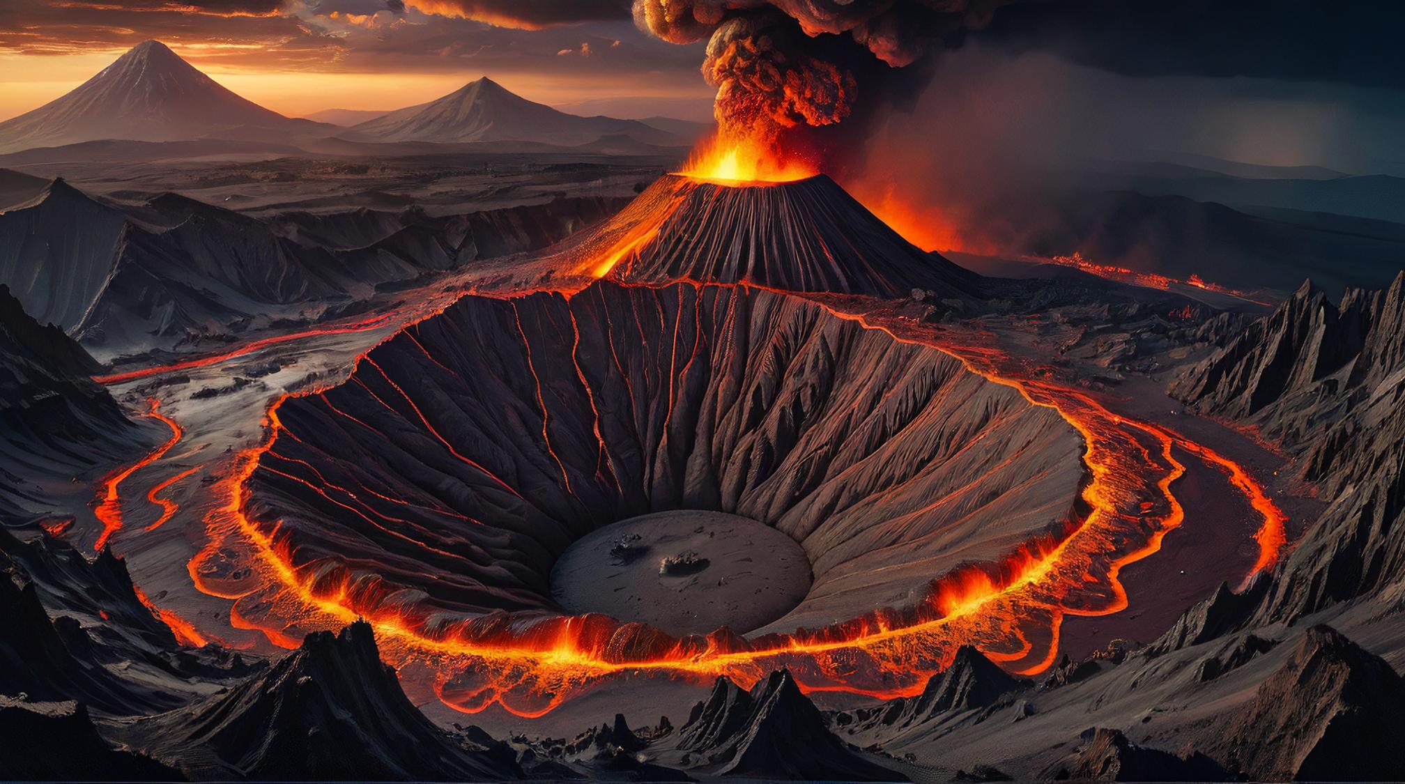 landscape of a Volcanic Crater, very Cluttered, stylized, Hurricane