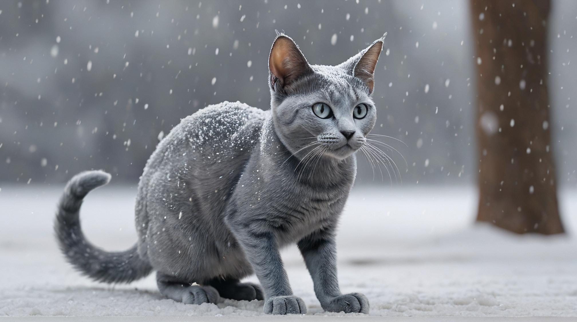 octane render, appealing the Russian Blue Cat from The Mandalorian series, Snowing, by Salvador Dal