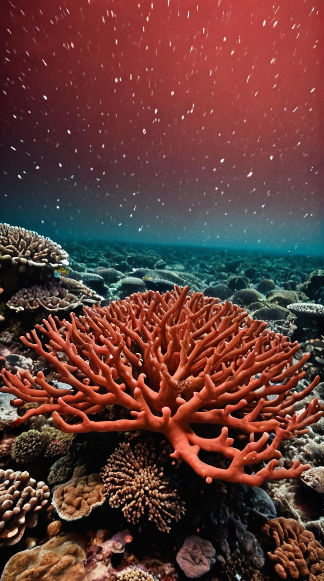 photograph, landscape of a Coral Reef, it is Luminescent, plain Red background