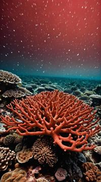 photograph, landscape of a Coral Reef, it is Luminescent, plain Red background