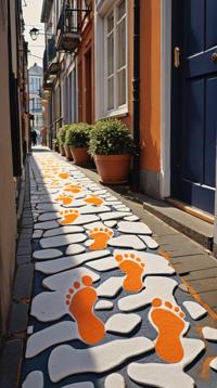 scribble art, a stock photo, Game art of a Quaint Navy, White and Orange Footprints on the threshold of change