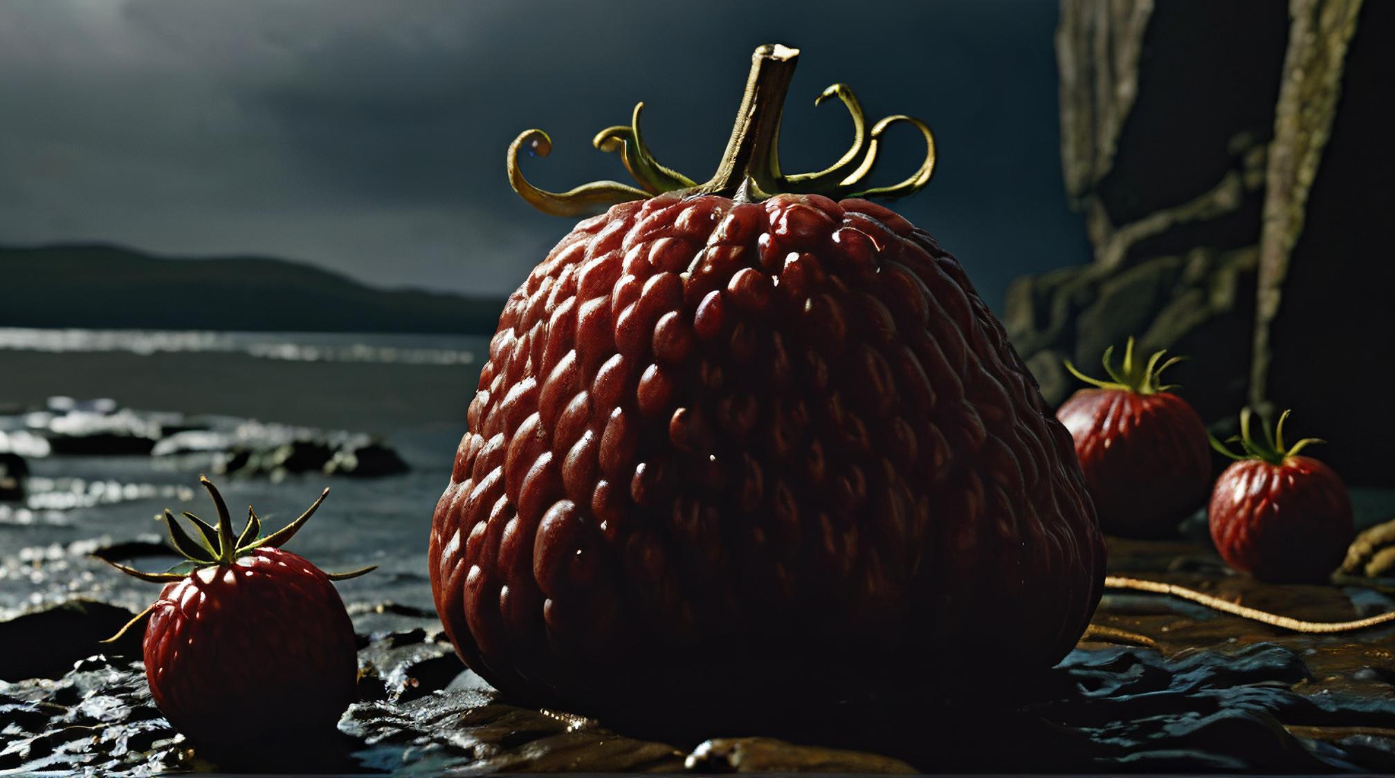 by Albert Pinkham Ryder and Lynd Ward, octane render, Dark strawberries o saurus, fall background