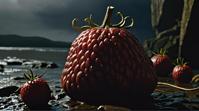 by Albert Pinkham Ryder and Lynd Ward, octane render, Dark strawberries o saurus, fall background