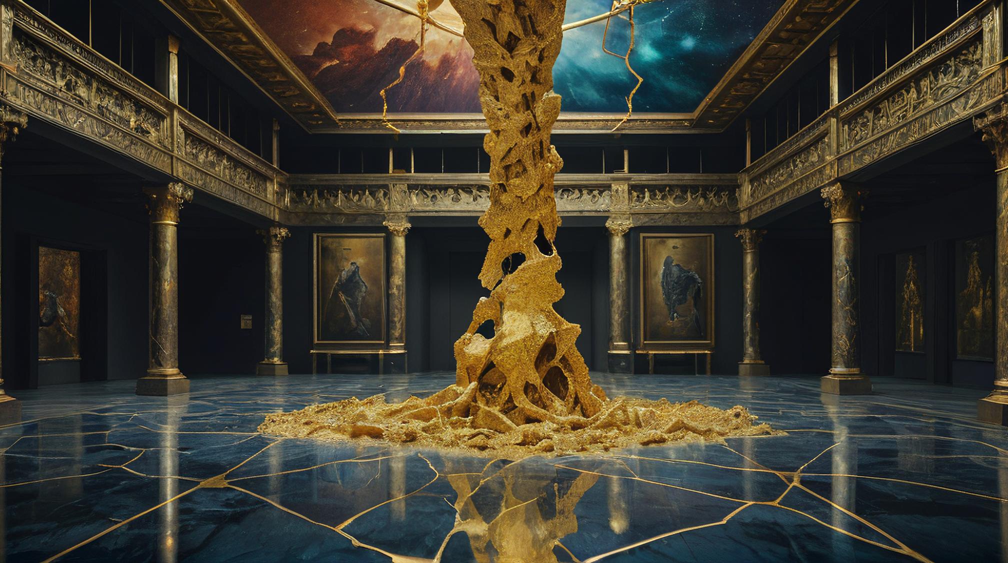 photograph, Kintsugi, landscape of a Gruesome Holographic Entertainment Hub, textured brushwork