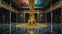 photograph, Kintsugi, landscape of a Gruesome Holographic Entertainment Hub, textured brushwork