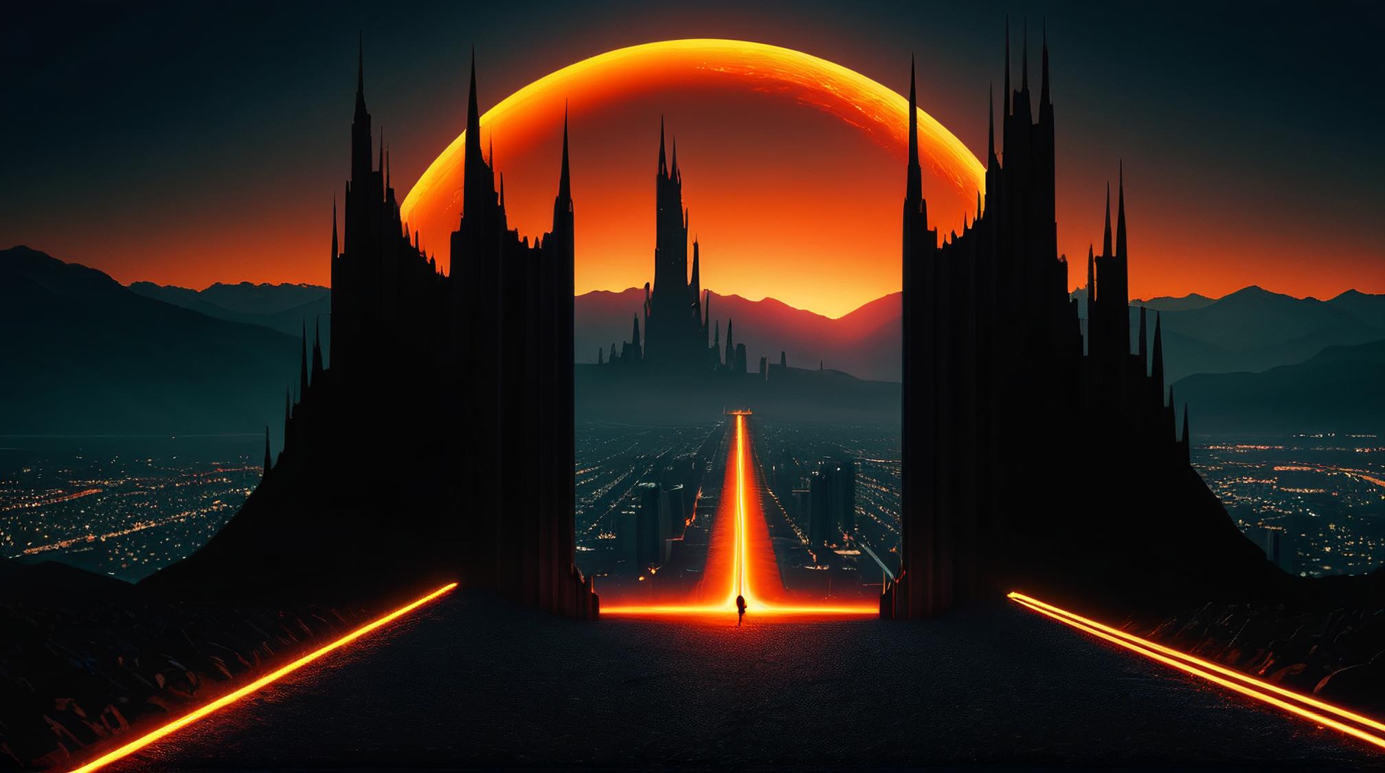 designed by Craola, photograph, landscape of The Black Gate of Mordor and Futuristic cityscape, Phenomenal