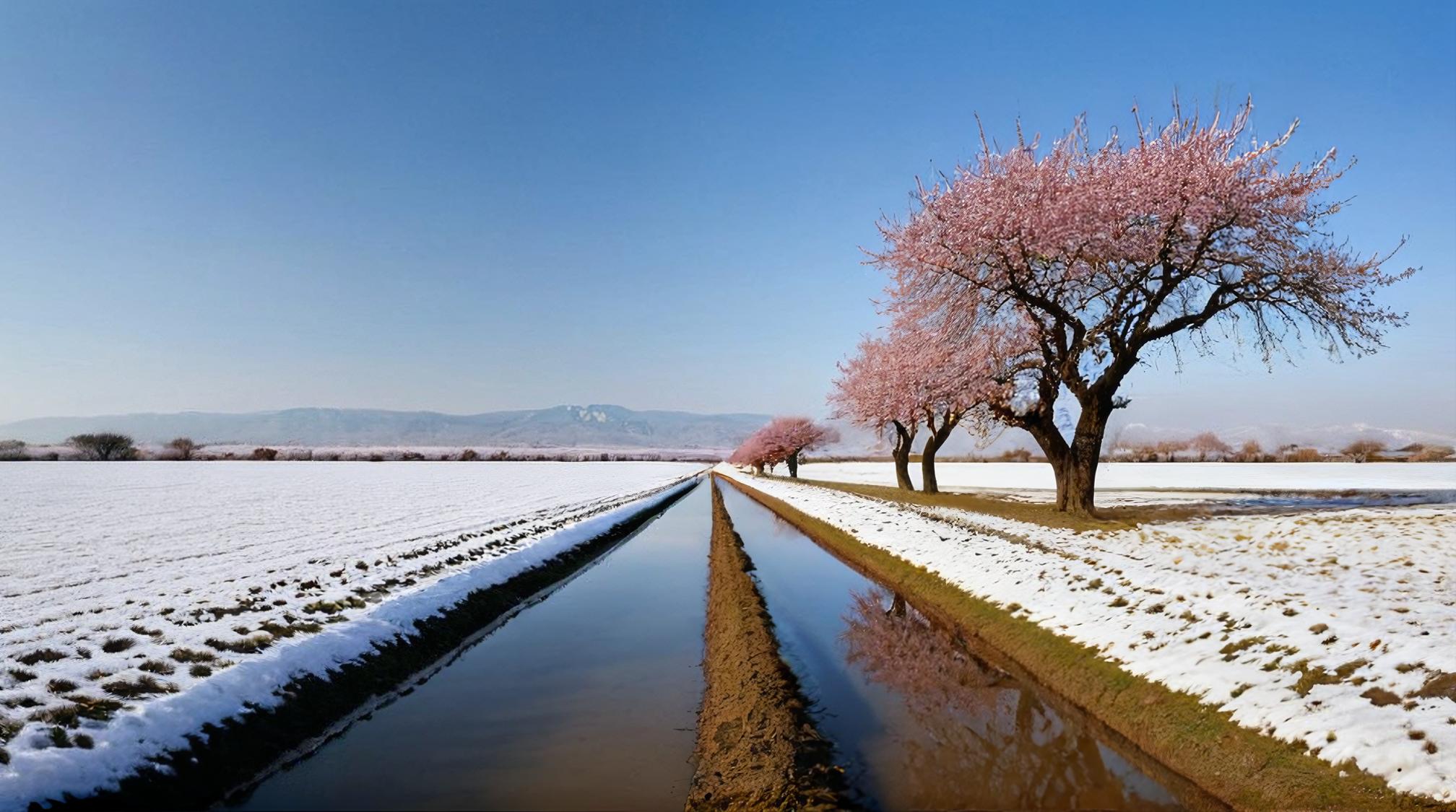 designed by Polixeni Papapetrou, landscape of a Steppe and Sakura lined street, field, Snowy