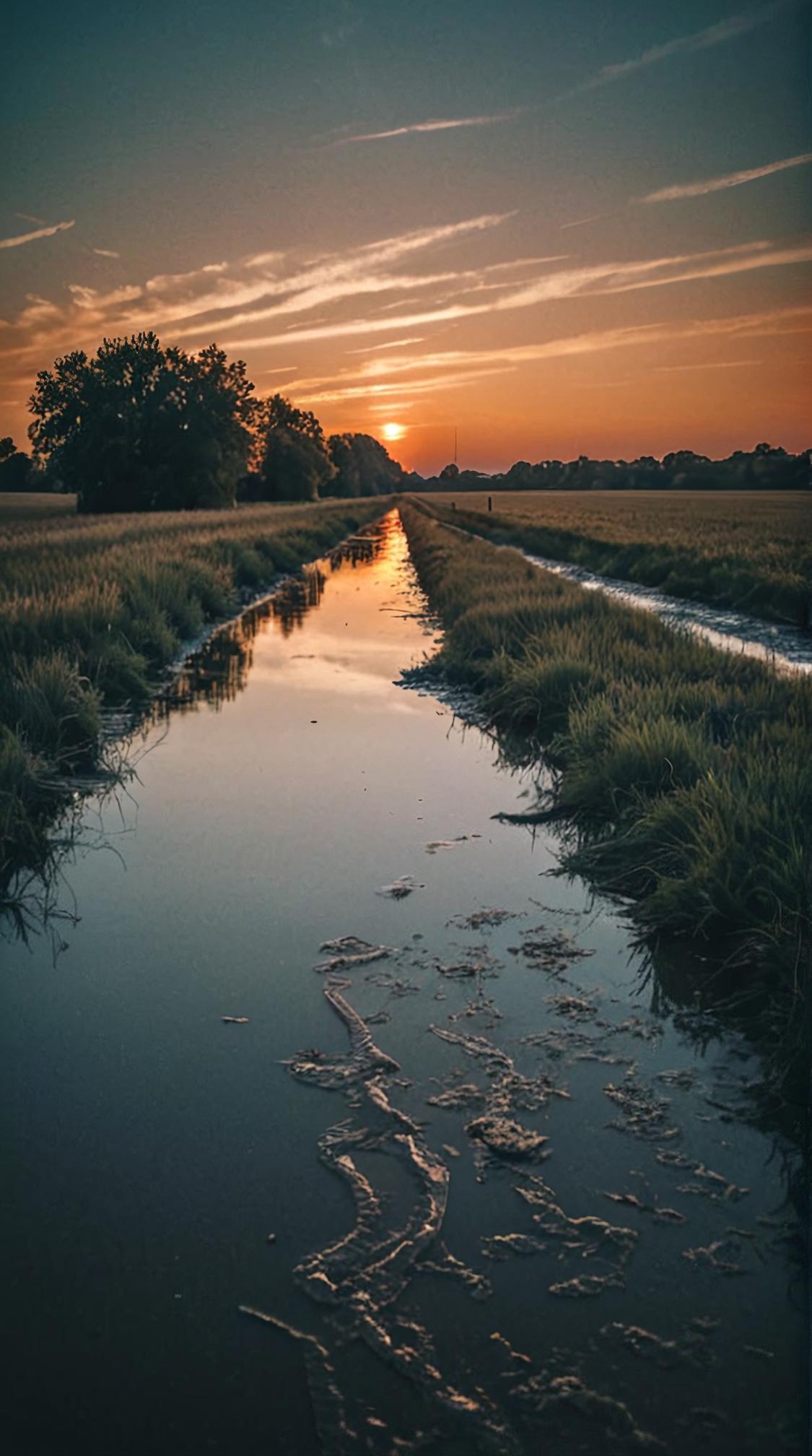 photograph, Industrial Art, landscape of a Otherworldly Floodplain, at Dusk