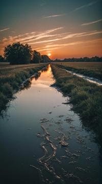photograph, Industrial Art, landscape of a Otherworldly Floodplain, at Dusk