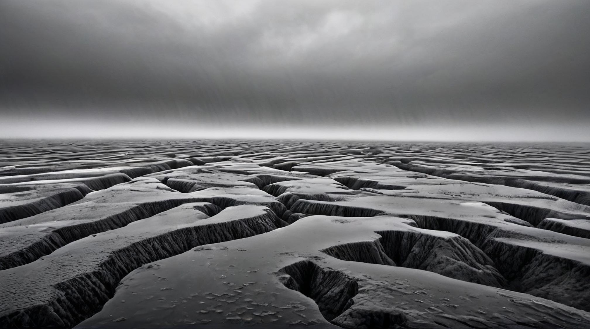 landscape of a Abyssal Plain, Foggy conditions, Nostalgic lighting, Gray splash