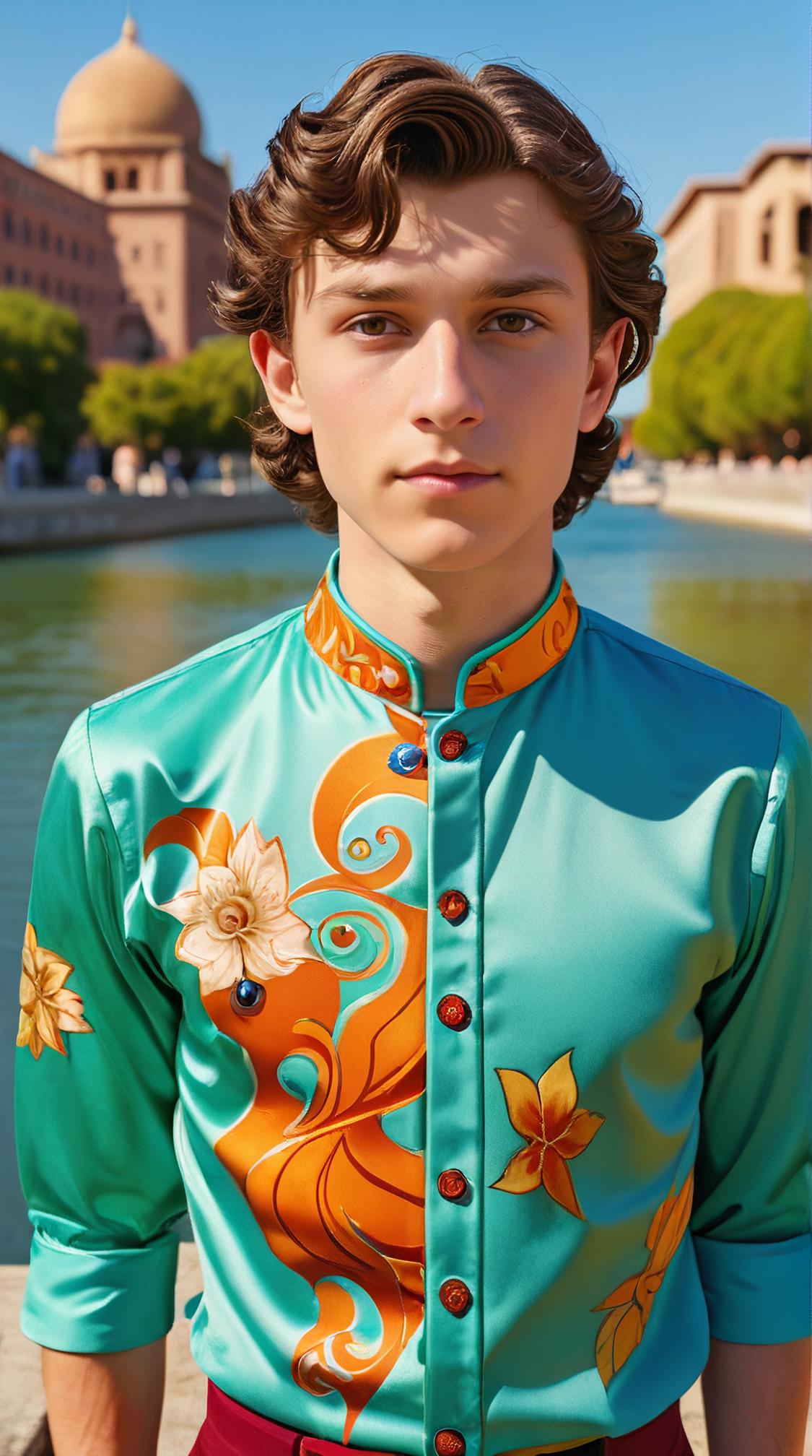tiny traditional Persian Tom Holland, wearing Festive Mandarin collar shirt, at Folded lake, Street Art