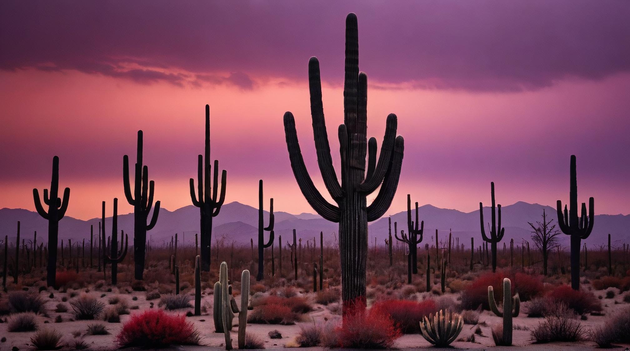 landscape of a Messy Saguaro Desert, fall indoors, Guilty, Violet details