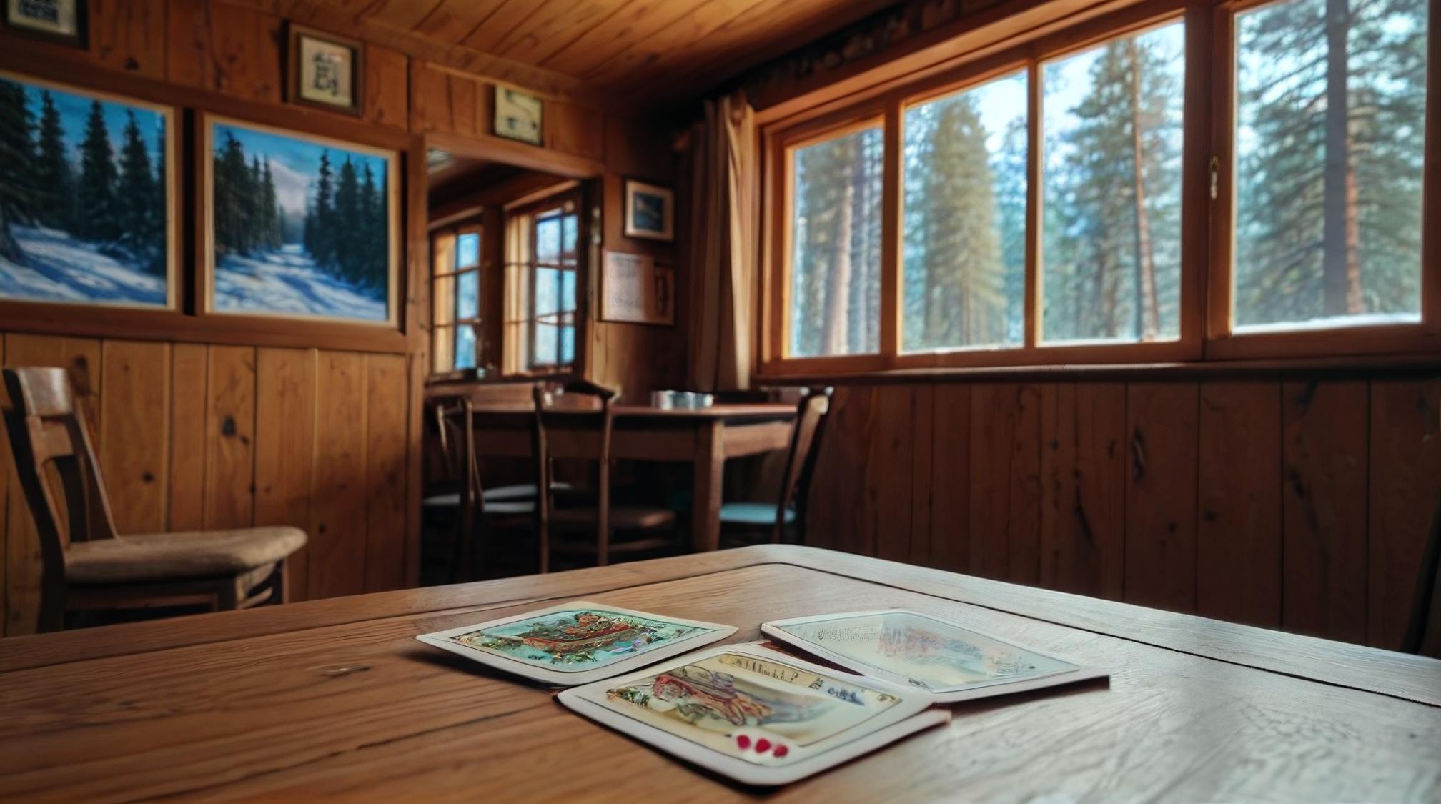 landscape of a mundane Taiga and Oracle cards, inside a tavern, trees, Orton effect