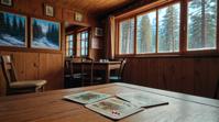 landscape of a mundane Taiga and Oracle cards, inside a tavern, trees, Orton effect