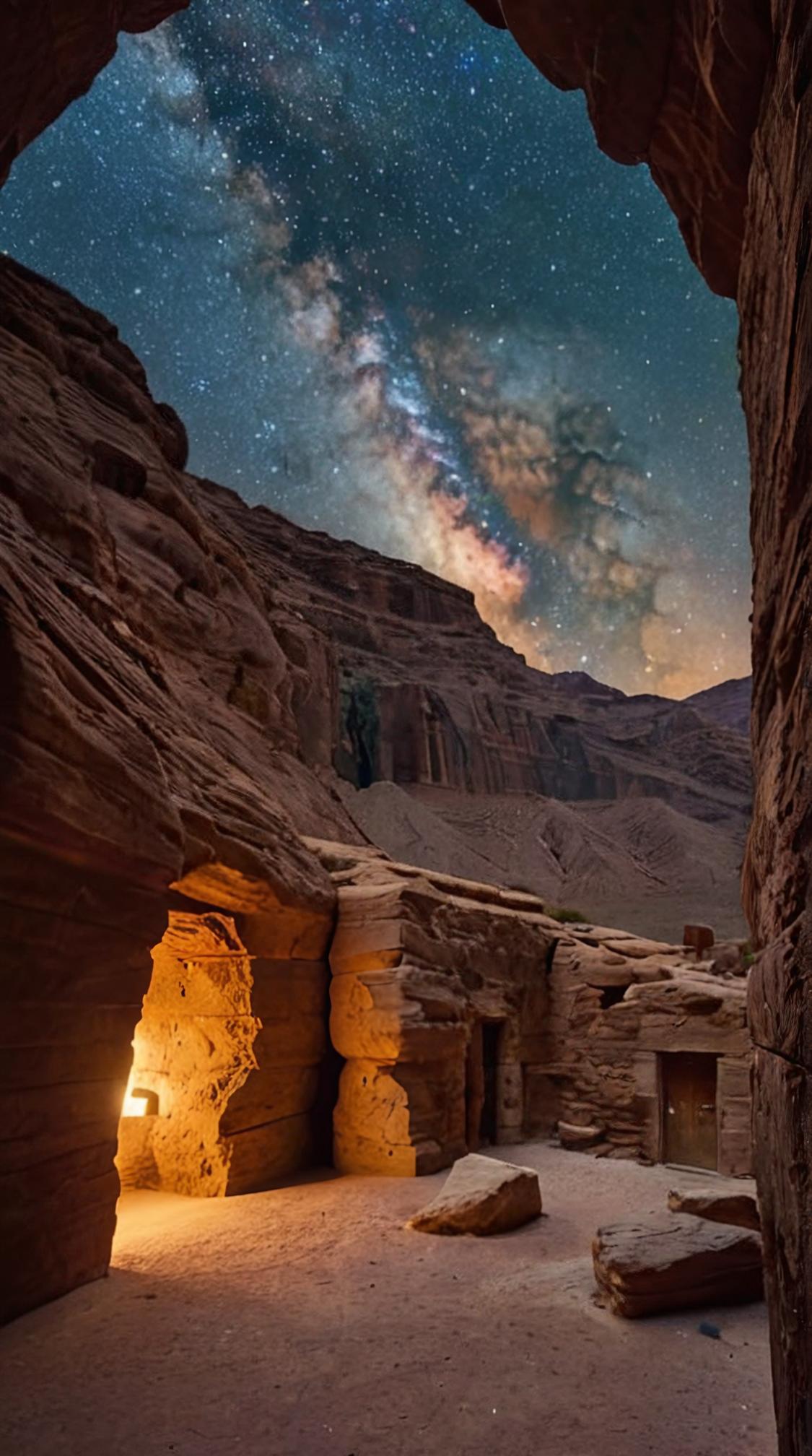 by Clyfford Still and Peter Zumthor , photograph, landscape of a Fairy Tale S Star Cluster Outpost from inside of a Petra, Magic Realism