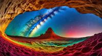 by Norman Parkinson and Eug ne Atget , landscape of a Cave and Cosmic microwave background, mm, vivid colors