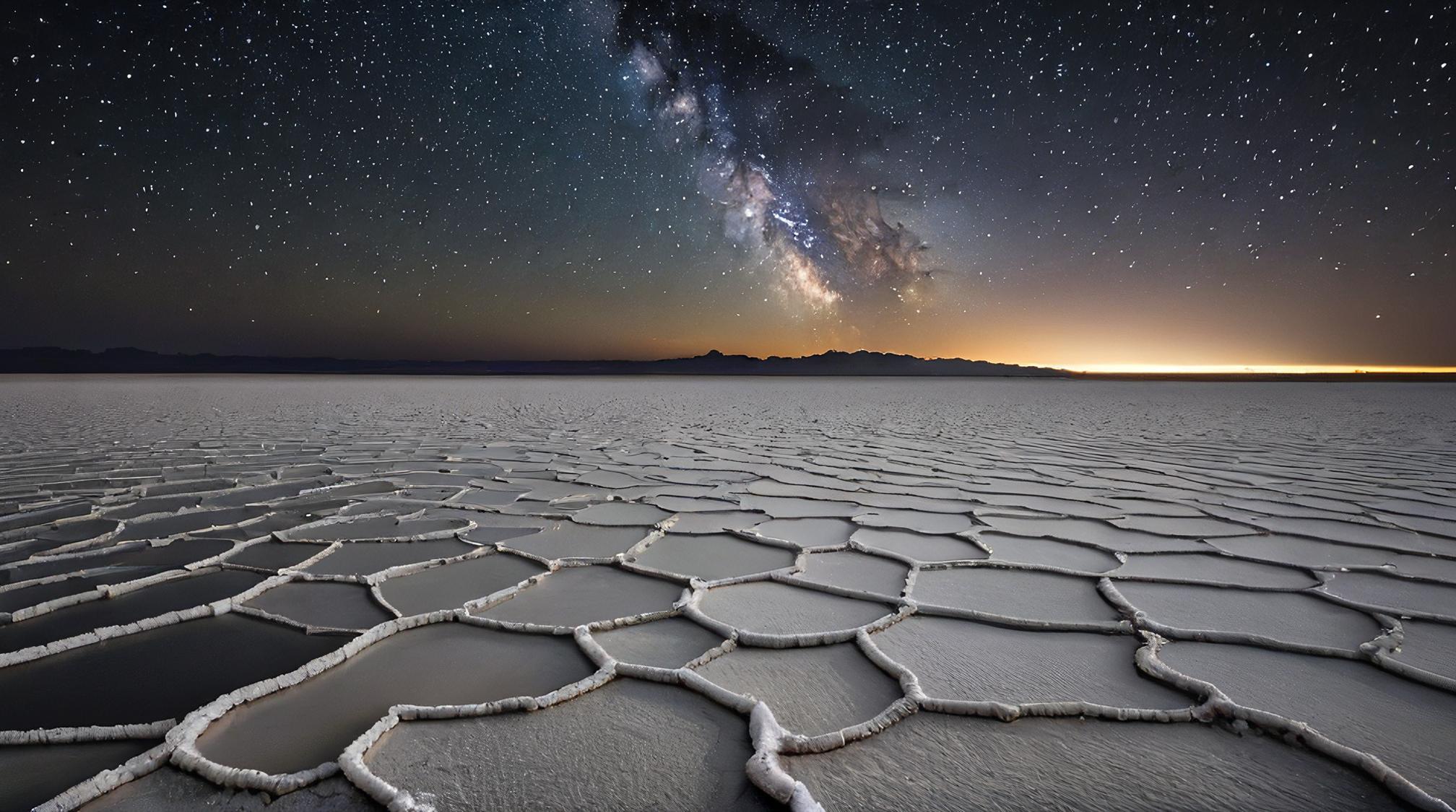 art by Ruth Bernhard, landscape of a Salt Flat from inside of a Urban area, Stars in the sky, detailed