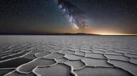 art by Ruth Bernhard, landscape of a Salt Flat from inside of a Urban area, Stars in the sky, detailed