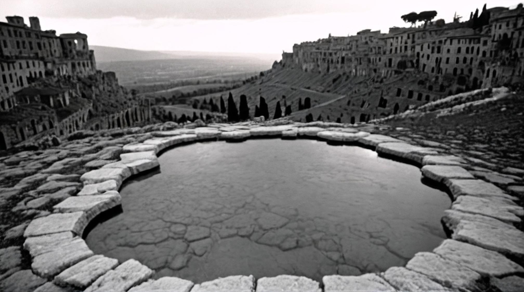by Archillect and Bert Hardy, landscape of a Limestone Pavement and Crystal clear fairy pool, mundane, ethereal Siena in background
