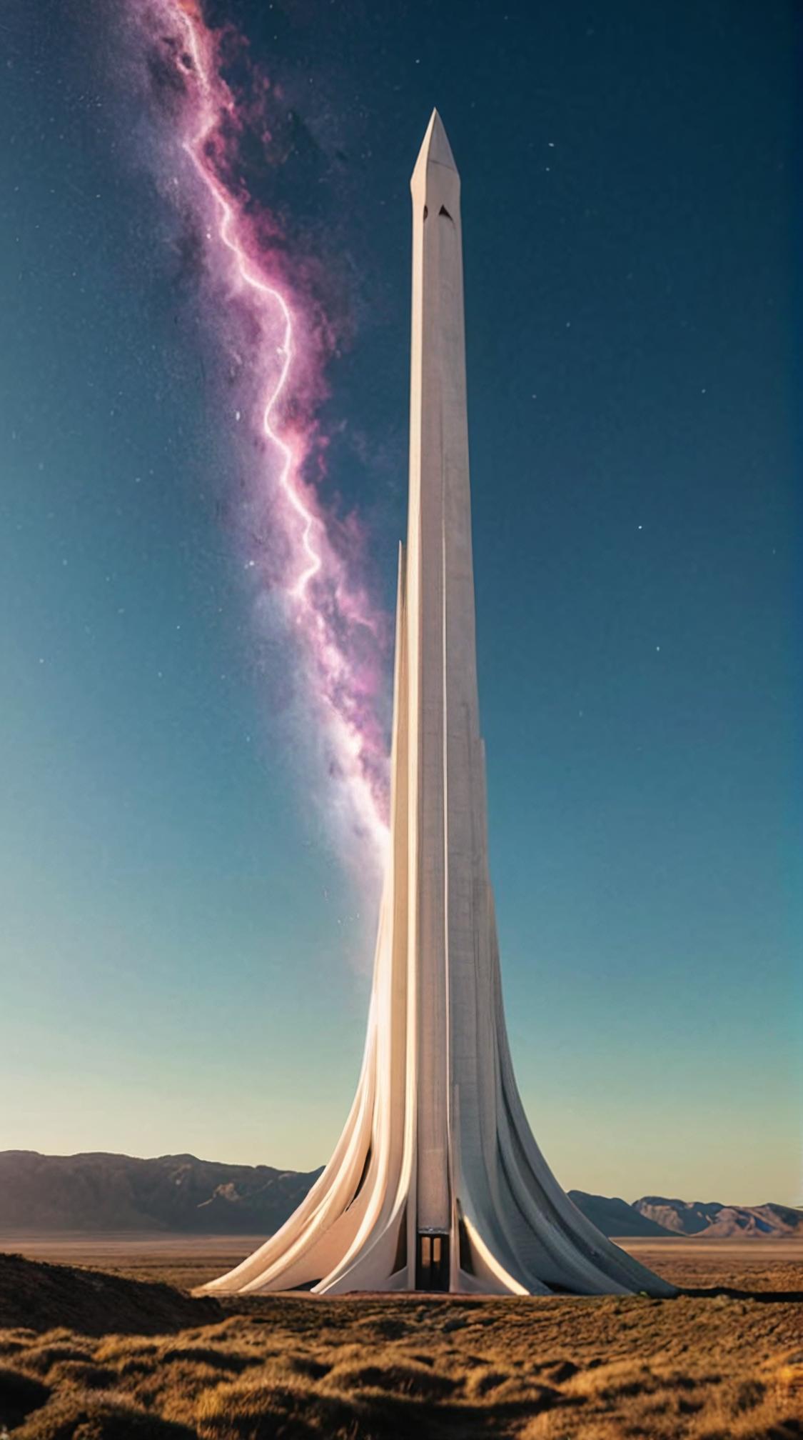 designed by Willem Hofhuizen, photograph, landscape of a Celestial Spire and Tesla, it is very Sleek